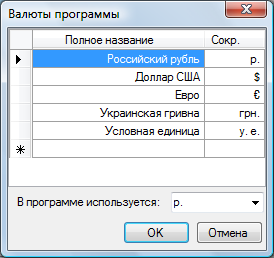 Окна-Двери Конфигуратор: справочник валют